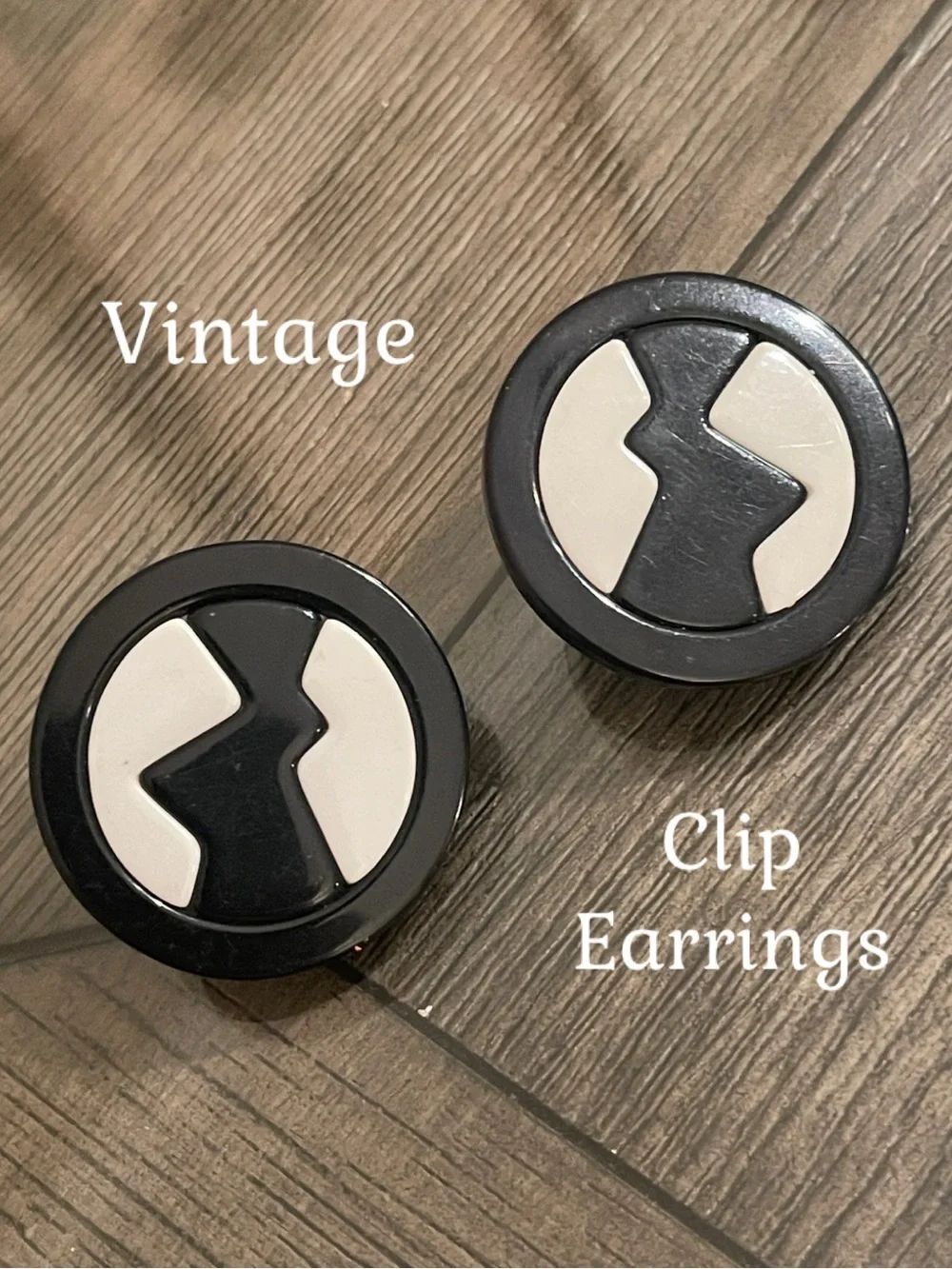 Vintage Black & White Geometric Button Clip Earrings Retro Mod Acrylic Earrings